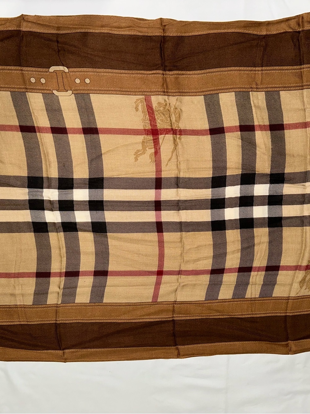 Burberry Tan and Brown Plaid Scarf with Red Accents